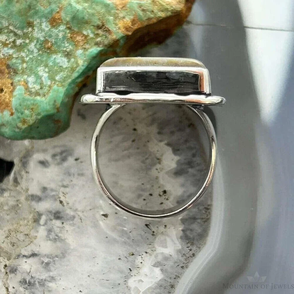 Native American Sterling Rectangle Boulder Ribbon Turquoise Bar Ring Size 7.25